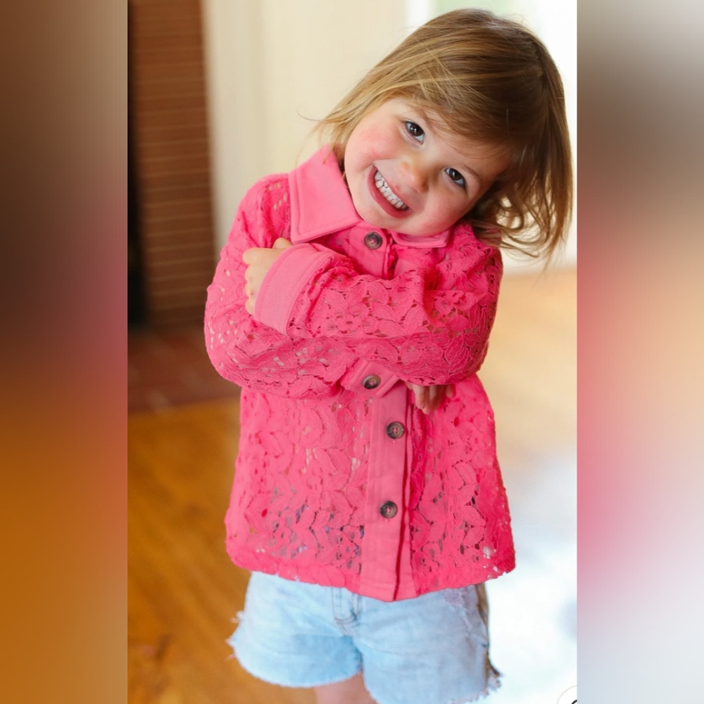 Pink Floral Lace & Cotton Contrast Button-Up Shirt for Little Girls